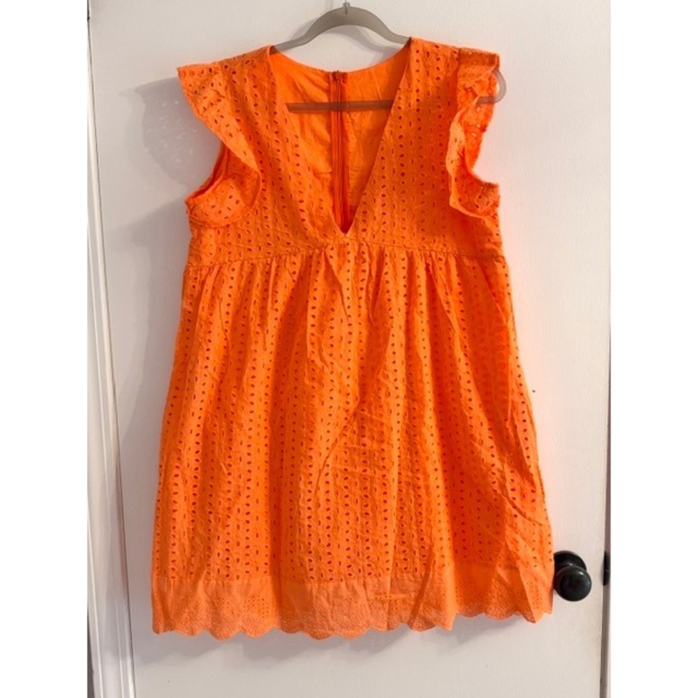 Orange Eyelet Ruffle Sleeve Babydoll Romper V-Neck Scalloped Hem Pockets
